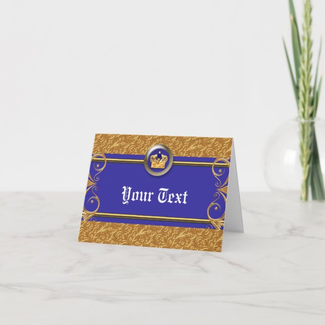 Gold & Royal Blue Crown Birthday Party Thank You Card (Front)
