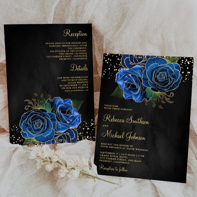 Gold Royal Blue Floral All in One Black Wedding Invitation (Creator Uploaded)