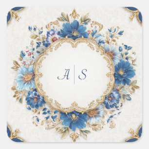 Gold Royal Blue Floral Baroque Scalloped Frame Square Sticker