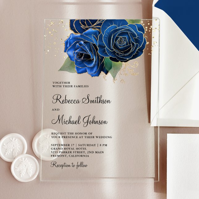 Gold Royal Blue Floral Wedding Acrylic Invitations (Creator Uploaded)