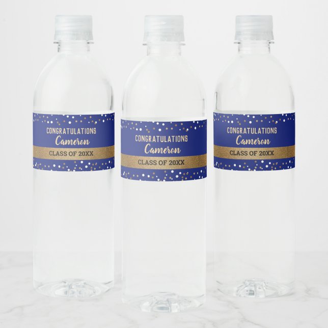 Gold Royal Blue Graduate personalised Class of Water Bottle Label (Bottles)