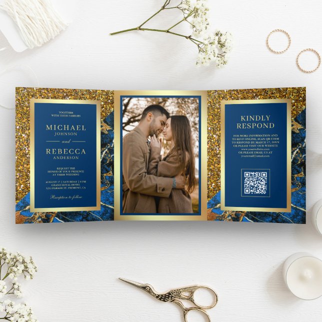 Gold Royal Blue Marble Photo QR Code Wedding Tri-Fold Invitation (Creator Uploaded)