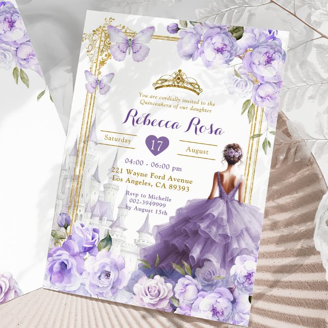 Gold Royal Castle Purple Floral Butterfly 15 Años Invitation (Creator Uploaded)