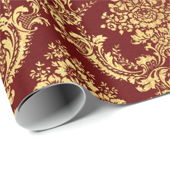 Gold Royal Damask Floral Maroon Burgundy Red Lux Wrapping Paper (Roll Corner)