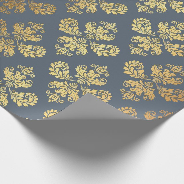 Gold Royal Damask Floral Ornament Blue Grey Baroqu Wrapping Paper (Corner)