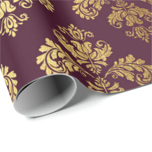 Gold Royal Damask Floral Ornament Burgundy Baroque Wrapping Paper