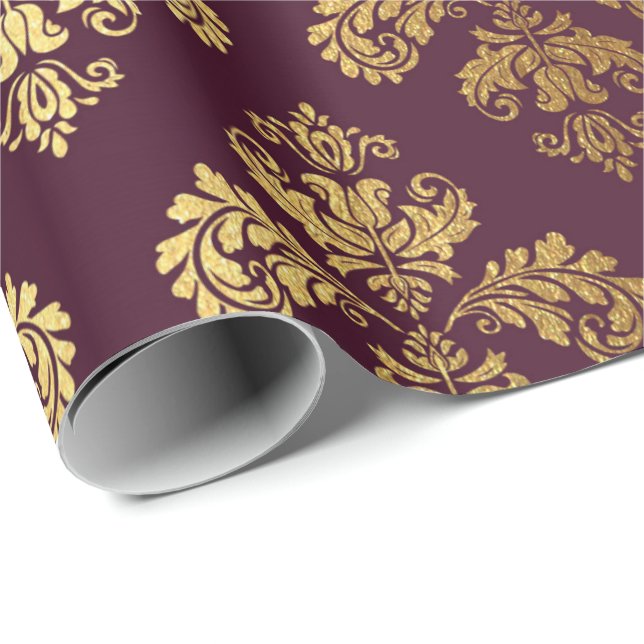 Gold Royal Damask Floral Ornament Burgundy Baroque Wrapping Paper (Roll Corner)