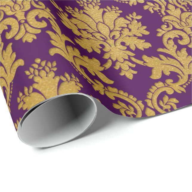 Gold Royal Damask Floral Purple Plum Baroque Wrapping Paper (Roll Corner)