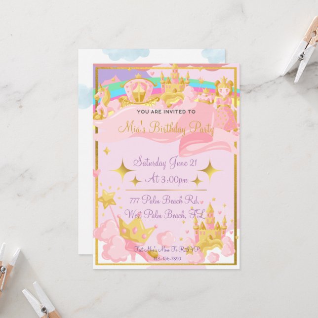 Gold Royal Princess Castle Girls Princess Birthday Invitation (Front/Back In Situ)