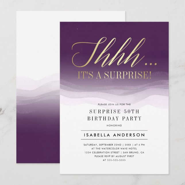 Gold & Royal Purple Watercolor Surprise Birthday Invitation (Front/Back)