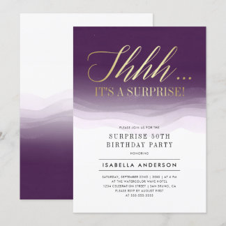 Gold & Royal Purple Watercolor Surprise Birthday Invitation