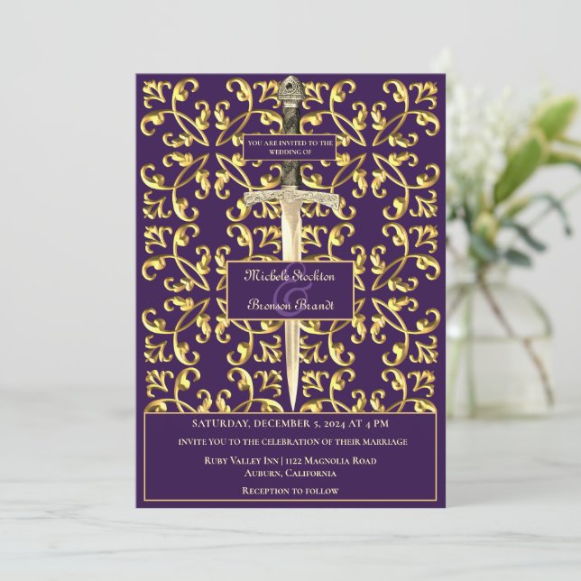 Gold & Royal Purple Wedding Invitation (Standing Front)