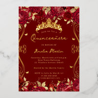 Gold Ruby Red Swirl Scroll Floral Quinceanera 