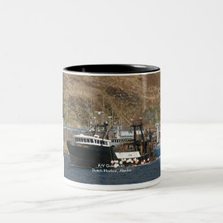 Gold Rush, Fishing Trawler in Dutch Harbour, AK Two-Tone Coffee Mug