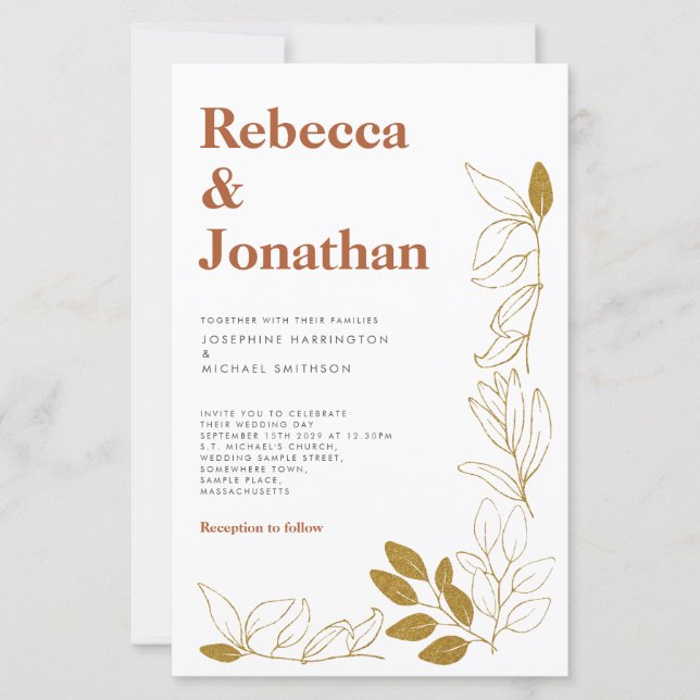 Gold Rust Leaf Terracotta Paper Wedding Invitation (Front)