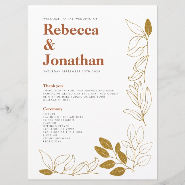 Gold Rust Leaf Terracotta Wedding Program Card (Front)