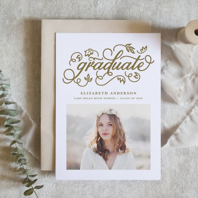 Gold Rustic Calligraphy Photo Graduation Invitation (Customizable photo graduation invitation featuring whimsical rustic calligraphy. )
