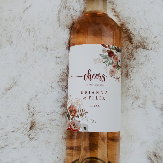 Gold Rustic Colourful Floral Cheers Wedding  Wine Label (Creator Uploaded)