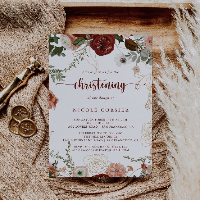 Gold Rustic Colourful Floral Christening  Invitation (Creator Uploaded)