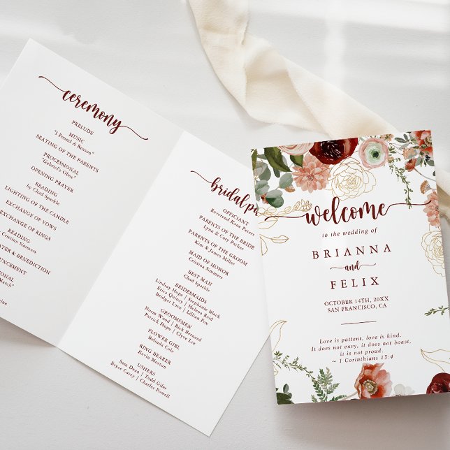 Gold Rustic Colourful Floral Folded Wedding  Programme (Creator Uploaded)