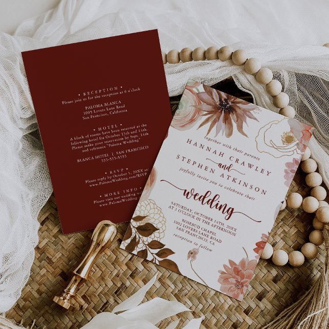 Gold Rustic Colourful Floral Front & Back Wedding  Invitation (Creator Uploaded)