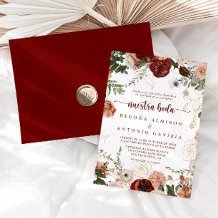 Gold Rustic Colourful Floral Nuestra Boda Wedding  Invitation