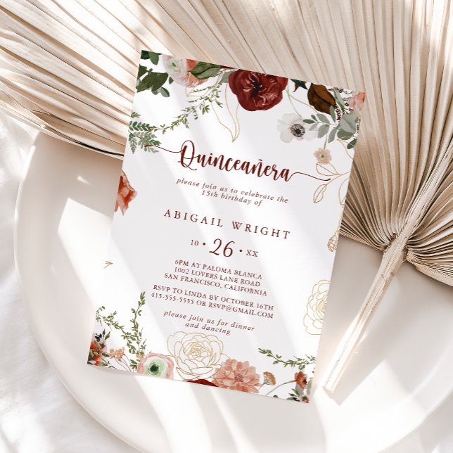 Gold Rustic Colourful Floral Quinceañera  Invitation (Creator Uploaded)