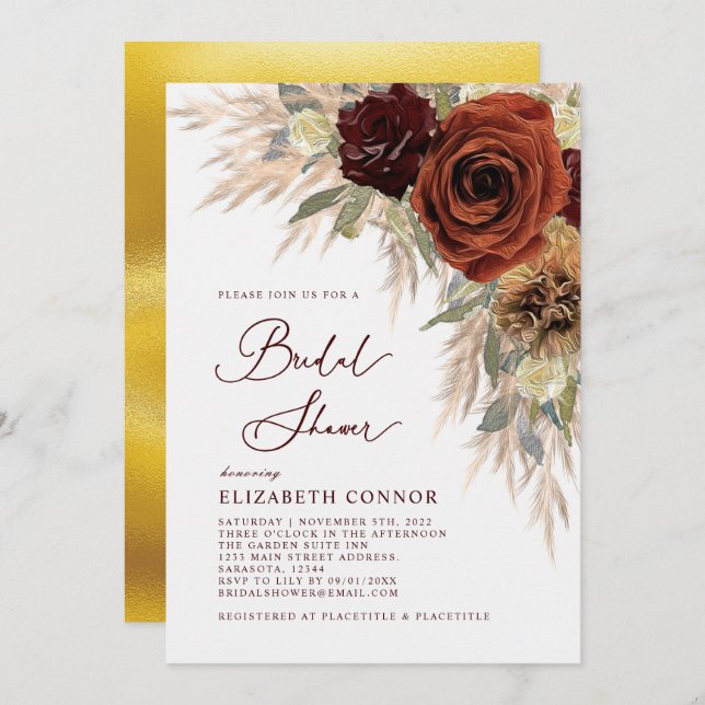 Gold Rustic Floral Pampas Grass Bridal Shower Invitation (Front/Back)