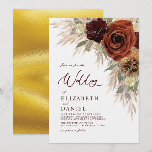 Gold Rustic Floral Pampas Grass Wedding Invitation