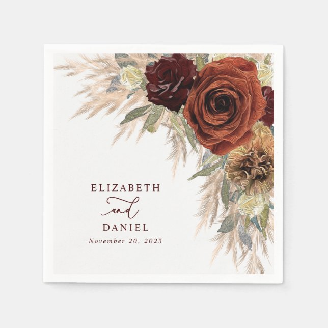 Gold Rustic Floral Pampas Grass Wedding Napkin (Front)
