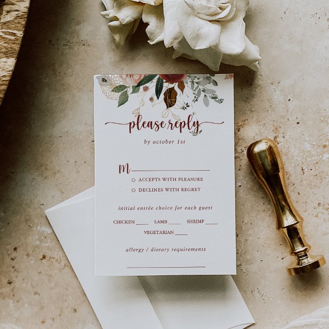 Gold Rustic Floral Wedding Menu Choice RSVP (Creator Uploaded)