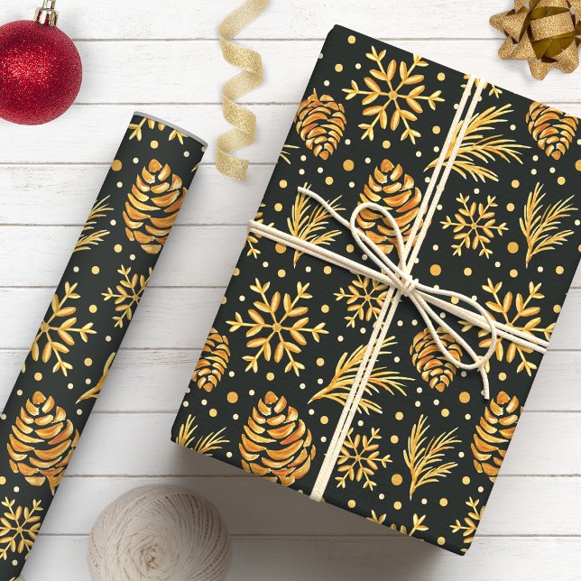 Gold Rustic Pine Cone Green Holiday Christmas Wrapping Paper (Creator Uploaded)