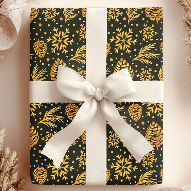 Gold Rustic Pine Cone Green Holiday Christmas Wrapping Paper (Creator Uploaded)