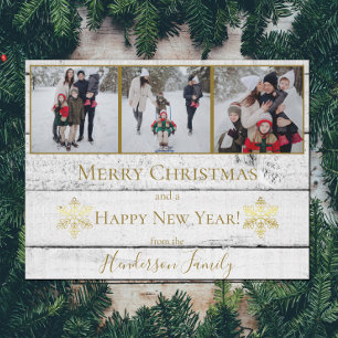 Gold Rustic Snowflakes Flat Holiday Photo Card