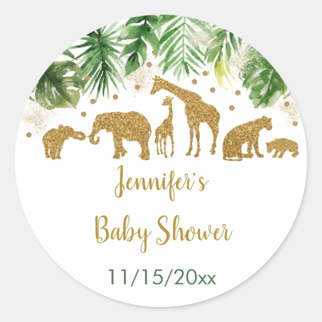 Gold Safari Animal Baby Shower Classic Round Sticker (Front)