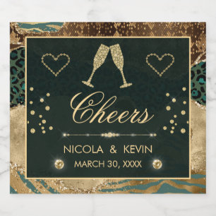 Gold Safari Animal Print Glitter Agate Wedding Sparkling Wine Label