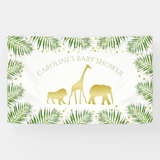 Gold Safari Animals Tropical Baby Shower Banner (Horizontal)