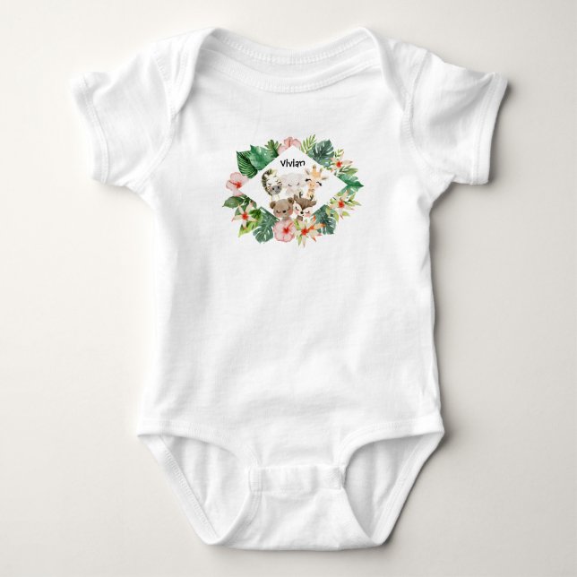 Gold Safari Friends | Watercolor Floral Greenery Baby Bodysuit (Front)