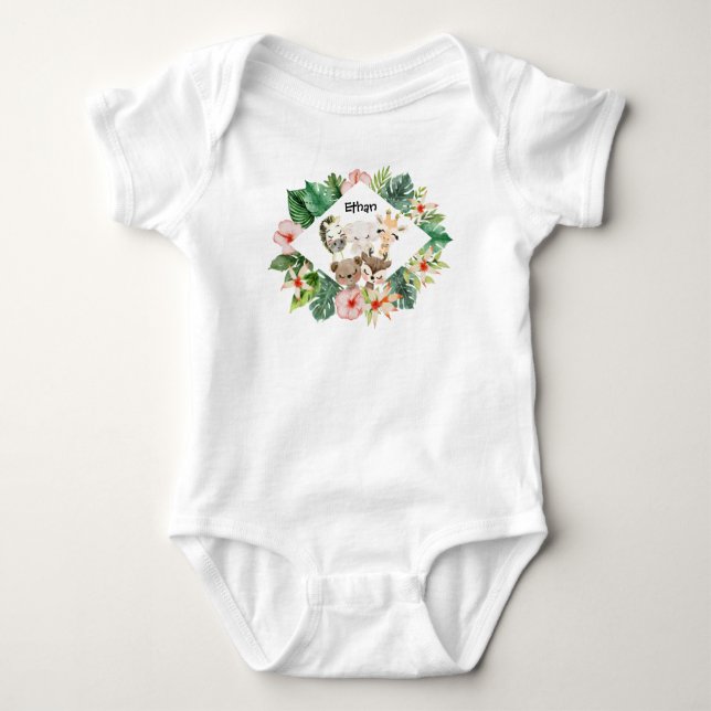 Gold Safari Friends | Watercolor Floral Greenery Baby Bodysuit (Front)
