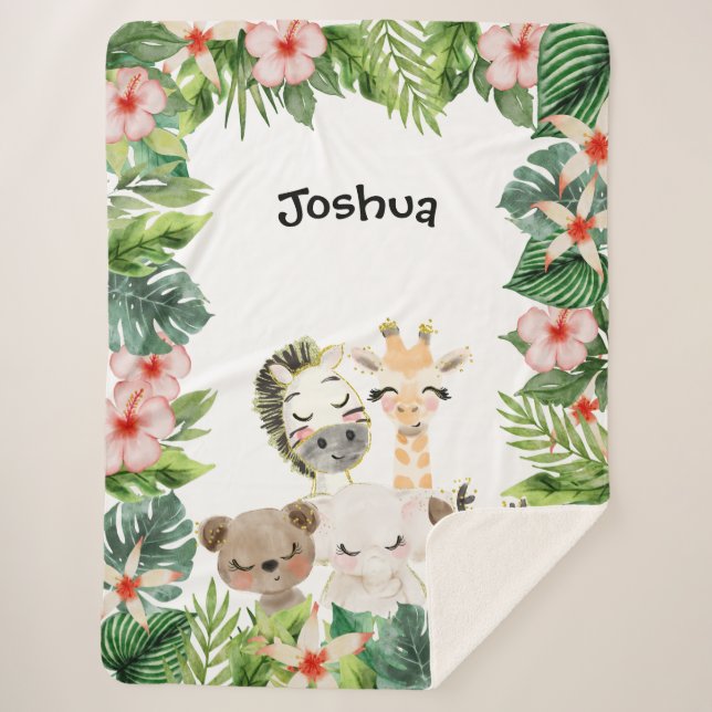 Gold Safari Friends | Watercolor Floral Greenery Sherpa Blanket (Front)