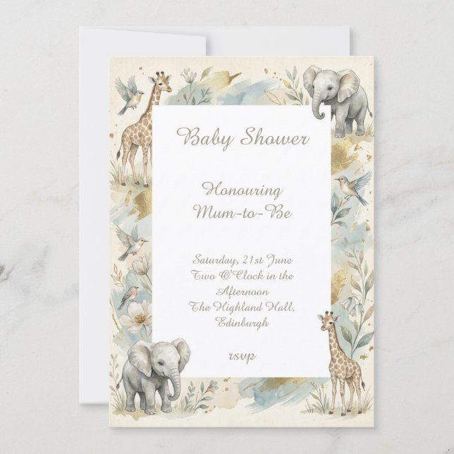 Gold Safari Giraffe Elephant Baby Shower Invitation (Front)