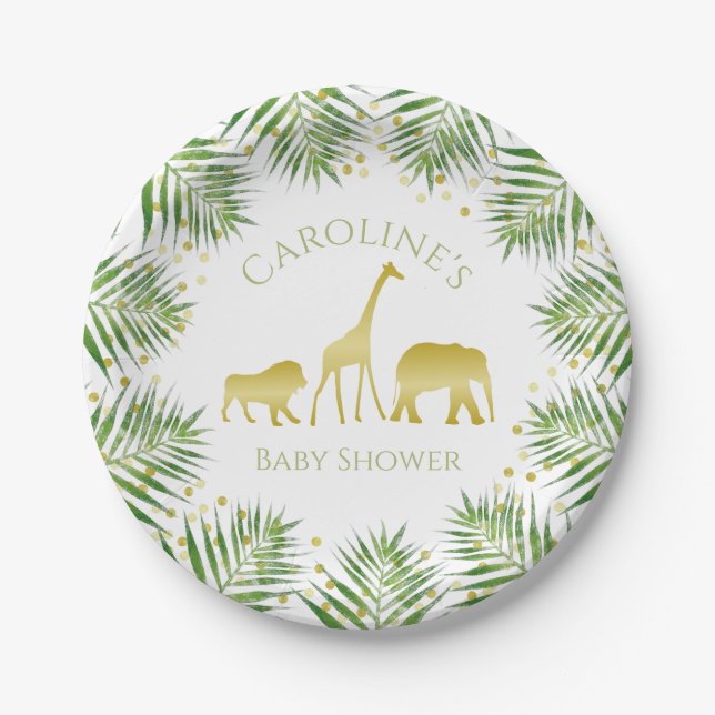 Gold Safari Tropical Baby Shower Paper Plates (Front)