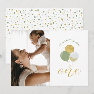 Gold & Sage Balloons   Boy 1st Birthday Party Invitation