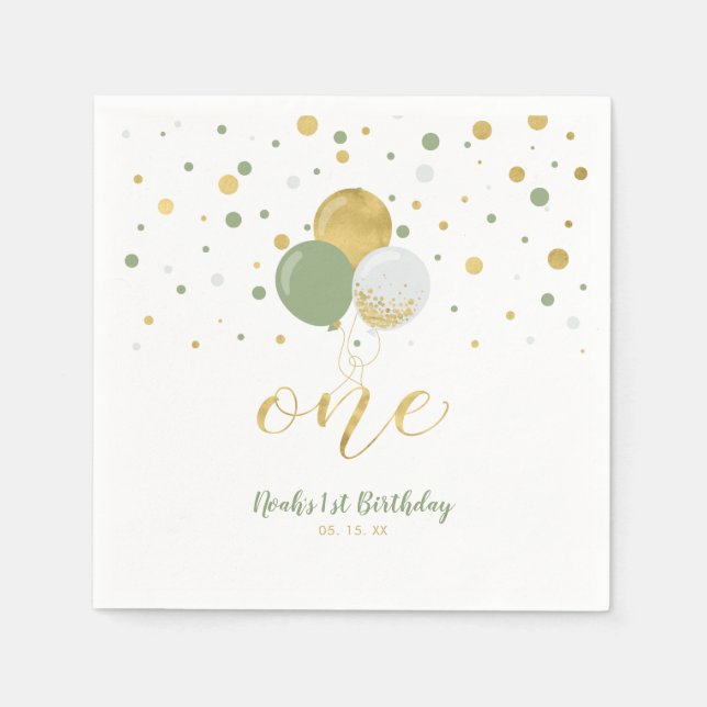 Gold & Sage Balloons, Confetti Boy 1st Birthday Napkin (Front)