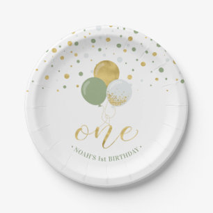 Gold & Sage Confetti Balloons 1st Birthday Party Paper Plate