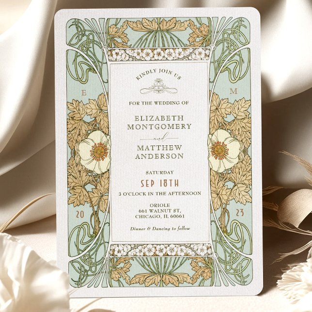 Gold Sage Green Art Nouveau Alphonse Mucha Wedding Invitation (Creator Uploaded)