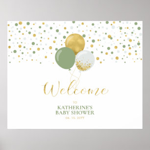 Gold & Sage Green Balloons   Baby Shower Welcome Poster