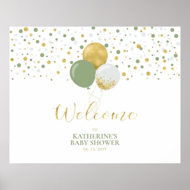 Gold & Sage Green Balloons | Baby Shower Welcome Poster (Front)