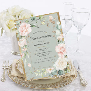 Gold Sage Green Elegant Floral Quinceañera Invitation
