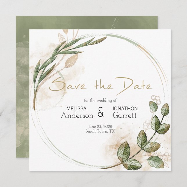 Gold Sage Green Floral Elegant Save The Date (Front/Back)